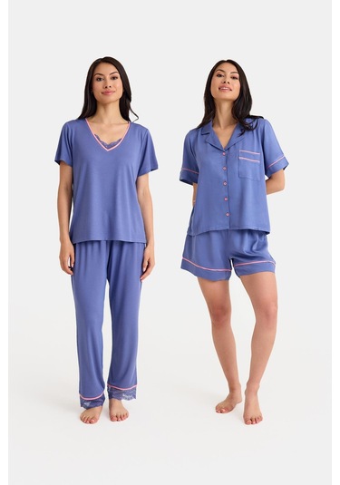 Dream Gri Mavi 4 Lü Viskon Pijama Takım Seti Mavi