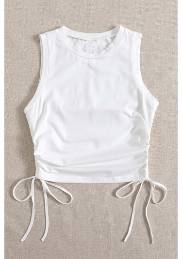 Merry See Yanları Büzgülü Kolsuz Bluz Crop Top Atlet Beyaz