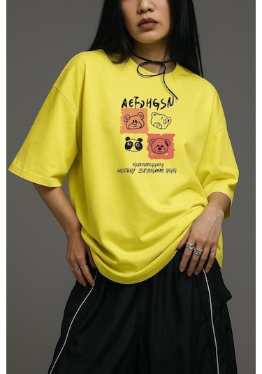 Ayıcık Baskılı Unisex Oversize Tişört Çok Renkli