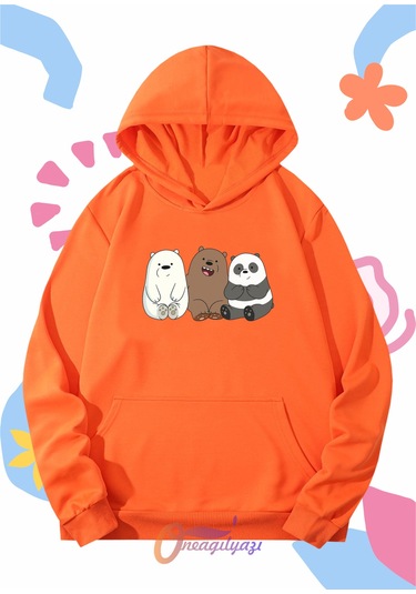 Çocuk Unisex Ayıcıklar Baskılı Oversize Kapüşönlü Sweatshirt Turuncu