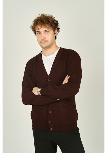 Ateş Triko Erkek V Yaka Düğmeli Uzun Kollu Yün Hırka 1020 K.bordo K.bordo Koyu Bordo