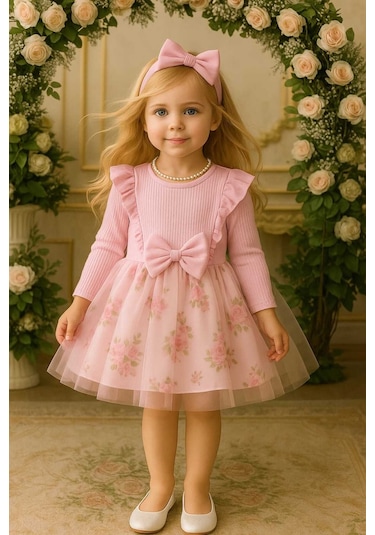 Kız Çocuk Çiçekli Toz Pembe Doğum Günü Abiye Prenses Şık Elbise Pembe