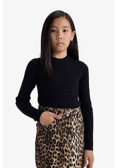Defacto Fitted Bisiklet Yaka Ribana Siyah Kız Çocuk Kazak E9849a8/bk81 Siyah