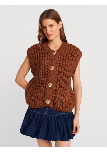 Dilvin 60961 Bisiklet Yaka Yumuşak Dokulu Cepli Düğmeli Triko Yelek-karamel Karamel