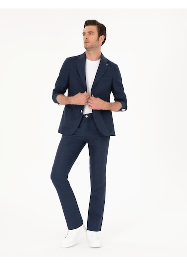 Cacharel Lacivert Slim Fit %100 Keten Pantolon