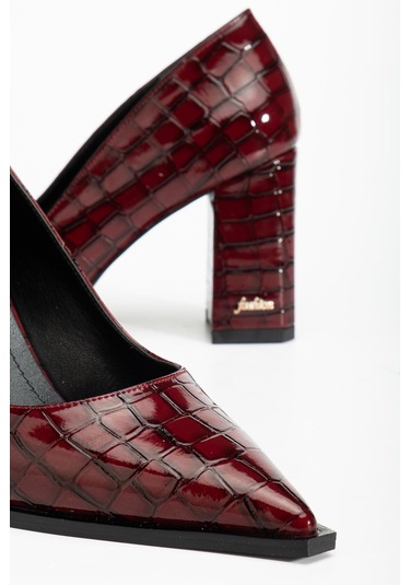 Suins Premium Kevin Model Kadın Kalın Topuklu Kroko Stiletto Ayakkabı Bordo