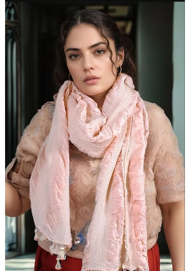 Rosehan Collection El Dokuması Pembe İpek Şal - Gofreli - Ödemiş İpeği