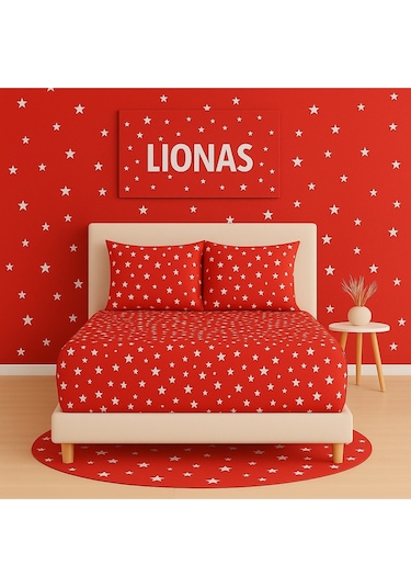 Desenli 160 X 200 Cm Çift Kişilik Kırmızı Yıldız Lastikli Çarşaf Ve 2 Adet Yastık Kılıfı Kırmızı