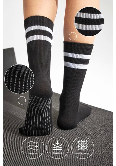 Bambu Kadın Siyah Kaydırmaz Taban Silikon Baskı Yoga Fitness Pilates Bale Dans Tenis Çorabı Çok Renkli