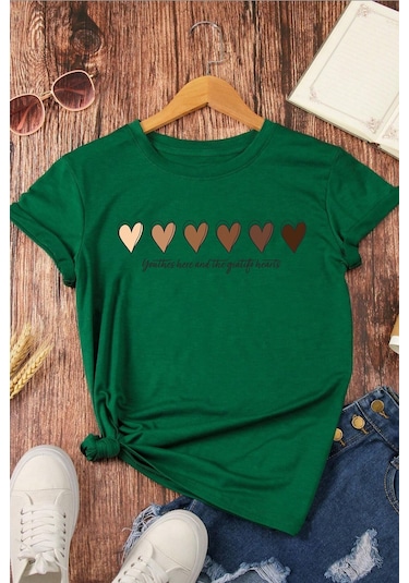 Unisex Hearts Baskılı Tasarım Tshirt Yeşil