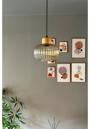 Mola Cam Bal Rengi Tekli Avize Geniş Ahşap Başlık Retro Sarkıt Lamba Restoran Salon Aydınlatma Bal