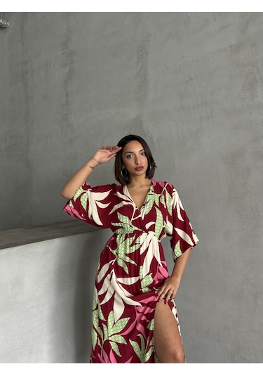 Kadın Kruvaze Yaka Yırtmaçlı Uzun Yazlık Elbise Bordo