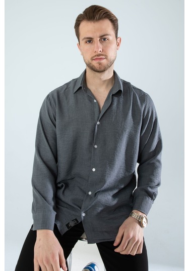 Rahat Kesim Keten Dokulu Gömlek Füme