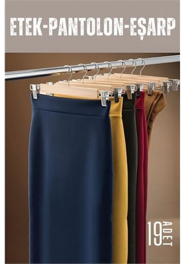 Modacar Etek Pantolon Eşarp Kıskaçlı Askı 19 Adet Ahşap