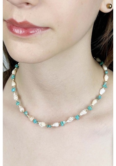 Deniz Kabuğu Kolye 426, Turkuaz - Beyaz Çok REnkli