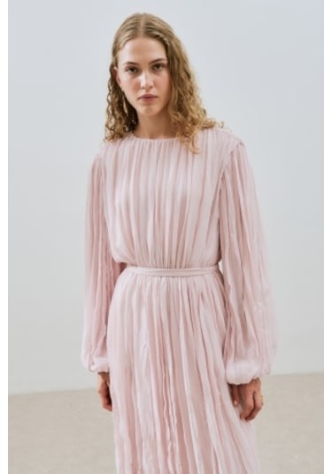 Piliseli Şifon Elbise Pudra Pudra