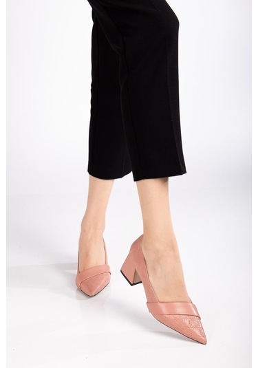 Kadın Topuklu Ayakkabı Pudra Baskılı Deri Yanyüzlü Sivri Kalıp-3578 Pudra