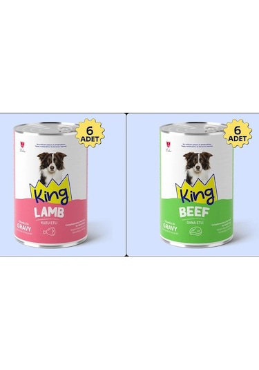King Sos İçerisinde Et Parçacıklı Kuzu Etli Ve Dana Etli Köpek Konservesi 400 Gr 12 Adet