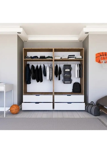 Nisan Açık Ceviz-beyaz 4 Kapılı 4 Çekmeceli Elbise Dolabı - Gardırop Seti Açık Ceviz & Beyaz