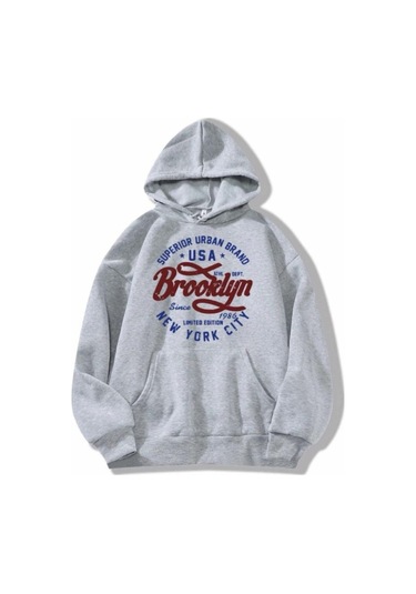 Unisex Oversize Brooklyn Baskılı Kapüşonlu Gri Sweatshirt. Gri