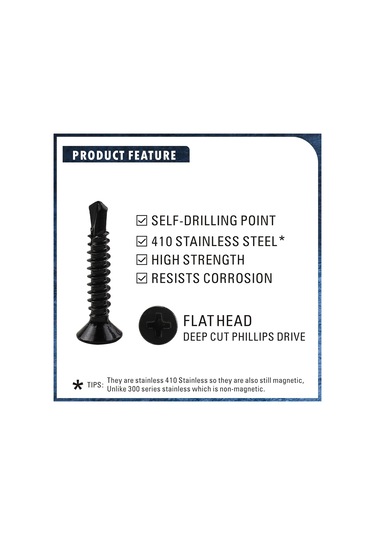 Moveevo 410 Paslanmaz Çelik Siyah Cruciform Yuvarlak Baş Otomatik Delici Vida, 1/2", 3/4", 1" Her Bir 50 Adet Toplam 150 Adet