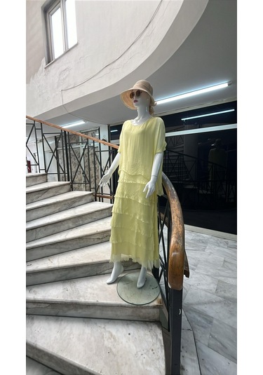 İtalyan 2 Beden Ince Gösteren Yarım Kol Kat Kat Ipek Elbise-8794 Sarı