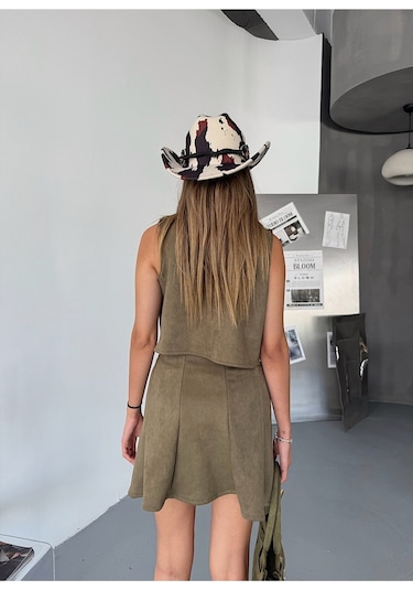 Kadın Suni Süet A Kesim Esnek Mini Etek Haki