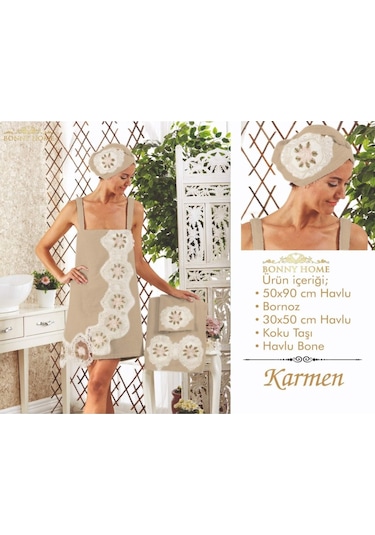 Karmen Kapuçino Kadın Fransız Dantelli Balayı Çeyizlik Bornoz Set Kahverengi