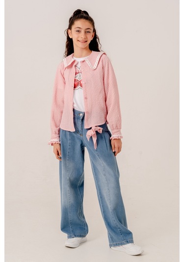 Kız Çocuk Su Taşlı Gömlek T-shirt İkili Takım 1805 Pembe