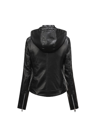 Kapüşonlu Peluş Deri Ceketli Kadın İlkbahar Ve Sonbahar Ceketi Kahverengi