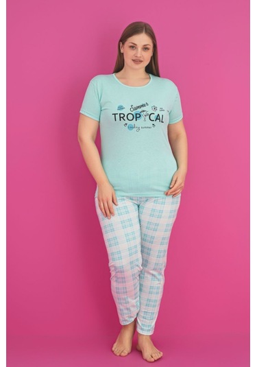 X-dreamy Büyük Beden Pamuklu Ekose Kareli Kısa Kollu Pijama Takımı Mavi