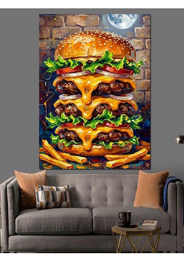 Ay Işığı Altında Devasa Katlı Hamburger Dekoratif Kanvas - Mdf Ahşap Tablo