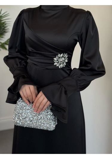 Yandan Taşlı Abiye Siyah