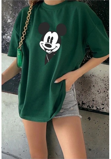 Hırsch Kadın Yeşil Oversize Mickey Mouse Baskılı Tshirt Yeşil