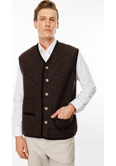Erkek V Yaka Astarlı Saf Yün Keçe Yelek Kahve Kahve