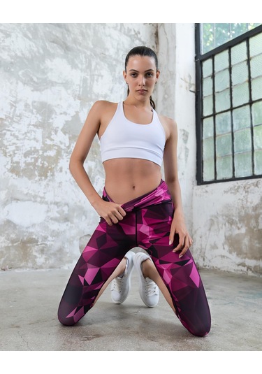 Üçgen Desenli Toparlayıcı Spor Kapri Tayt Mor - Siyah
