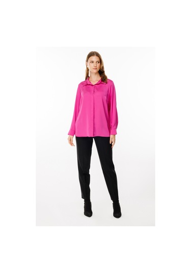 Ekol Kadın Büyük Beden Saten Gömlek 2579 Fuşya Fuşya
