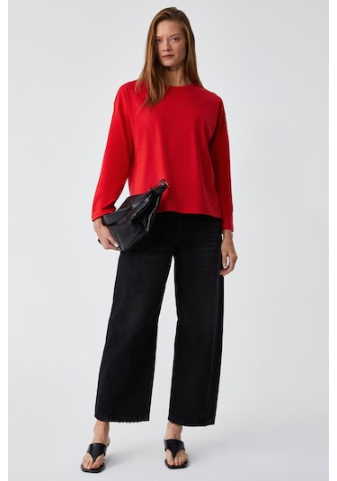 GRIMELANGE Basıl Kadını Oversize %100 Organik Pamuk Örme Uzun Kol Kırmızı T-shirt Kırmızı