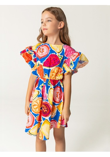 Sheshe Desenli Pamuklu Beli Lastikli Kız Çocuk Elbise Renkli
