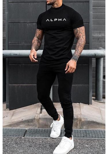 Uyguntarz Unisex Alpha Baskılı 2'li Eşofman Takımı Siyah