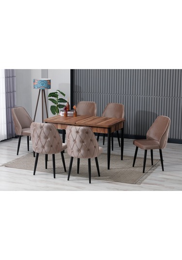 Elor Ahşap Desen 80x132 Açılabilir Mdf Masa Yemek Odası Takımı Mutfak Takımı 6 Sandalyeli Kahverengi