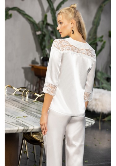 Laperissa Kadın Beyaz Saten Düğmeli Pijama Takımı Dantel Detaylı, Şık Ve Rahat 2 Li Set Beyaz