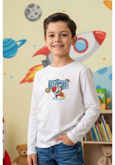 Sıfır Yaka Astranot Baskılı Erkek Çocuk Sweatshirt BEYAZ