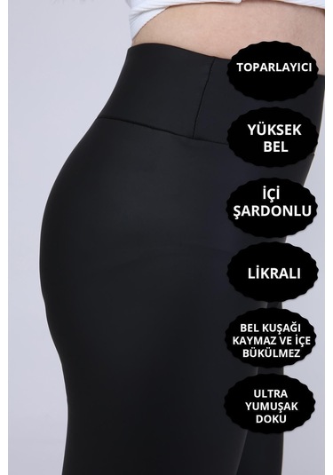 Siyah Yüksek Bel Toparlayıcı Şardonlu Mat Deri Tayt SiYAH