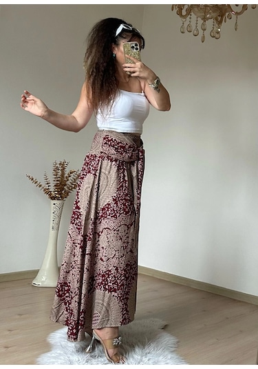 Azra Butik Otantik Desenli Etek Bordo