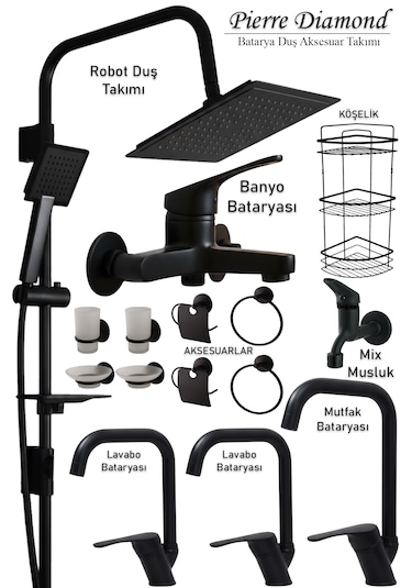 8962 Mutfak Lavabo Banyo Bataryası Robot Duş Takımı Köşe Borulu Musluk Armatür Siyah Beyaz Krom Renkler Siyah