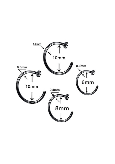Flybuy 5 Paslanmaz Çelik Burun Halkası, Dudak Bandı, C Şekli, 0.8x6+2 Siyah Siyah
