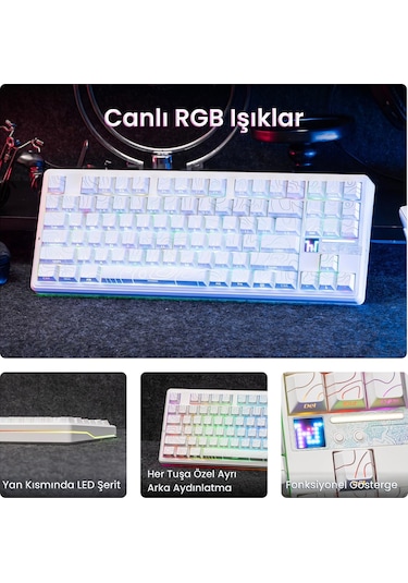 Aula F87 Pro V2 Mekanik Rgb Tkl Star Vector Switch Kablosuz Makrolu Hot Swap Klavye Desenli Beyaz