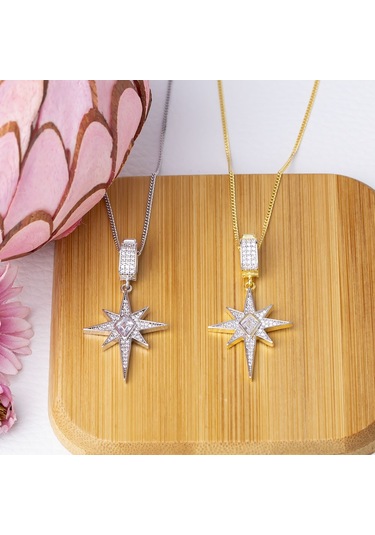 Kuzey Kutup Yıldızı Model-2 Zirkon Taşlı 925 Ayar Gümüş Kadın Kolye Gümüş - Rodyum