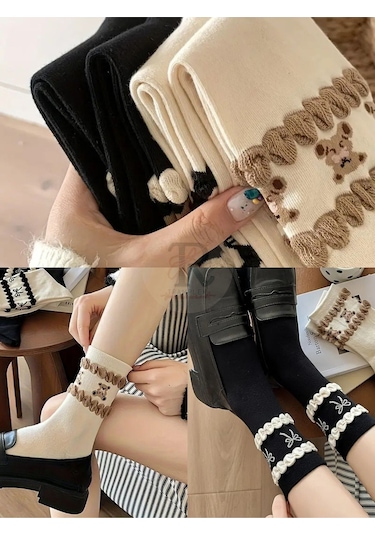 Trampler 4 Çift Kadın Pikotlu Ayıcık Desenli Renkli Çorap Kadın Mevsimlik Desenli Çorap Çok Renkli